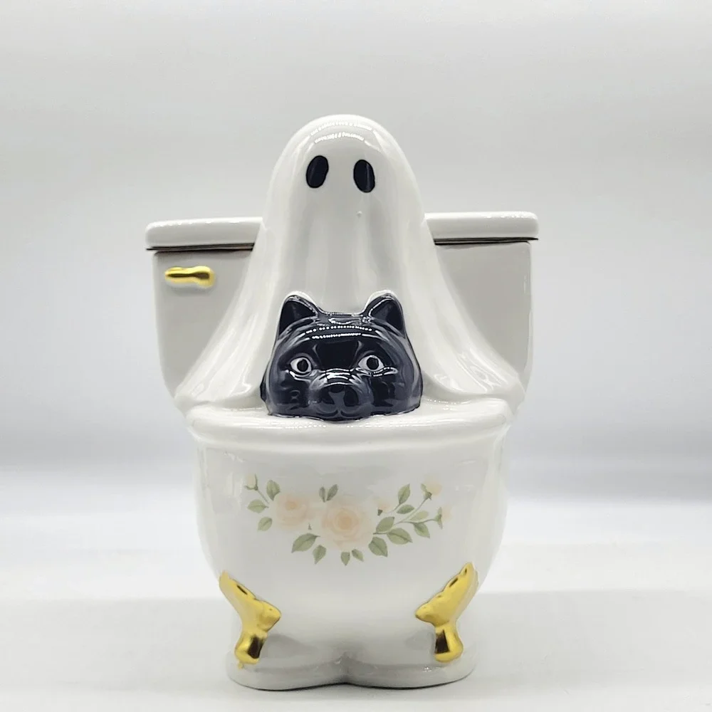 Global Design Halloween Ghost Toilet Cookie Jar Black Cat Pink Roses Ceramic NEW